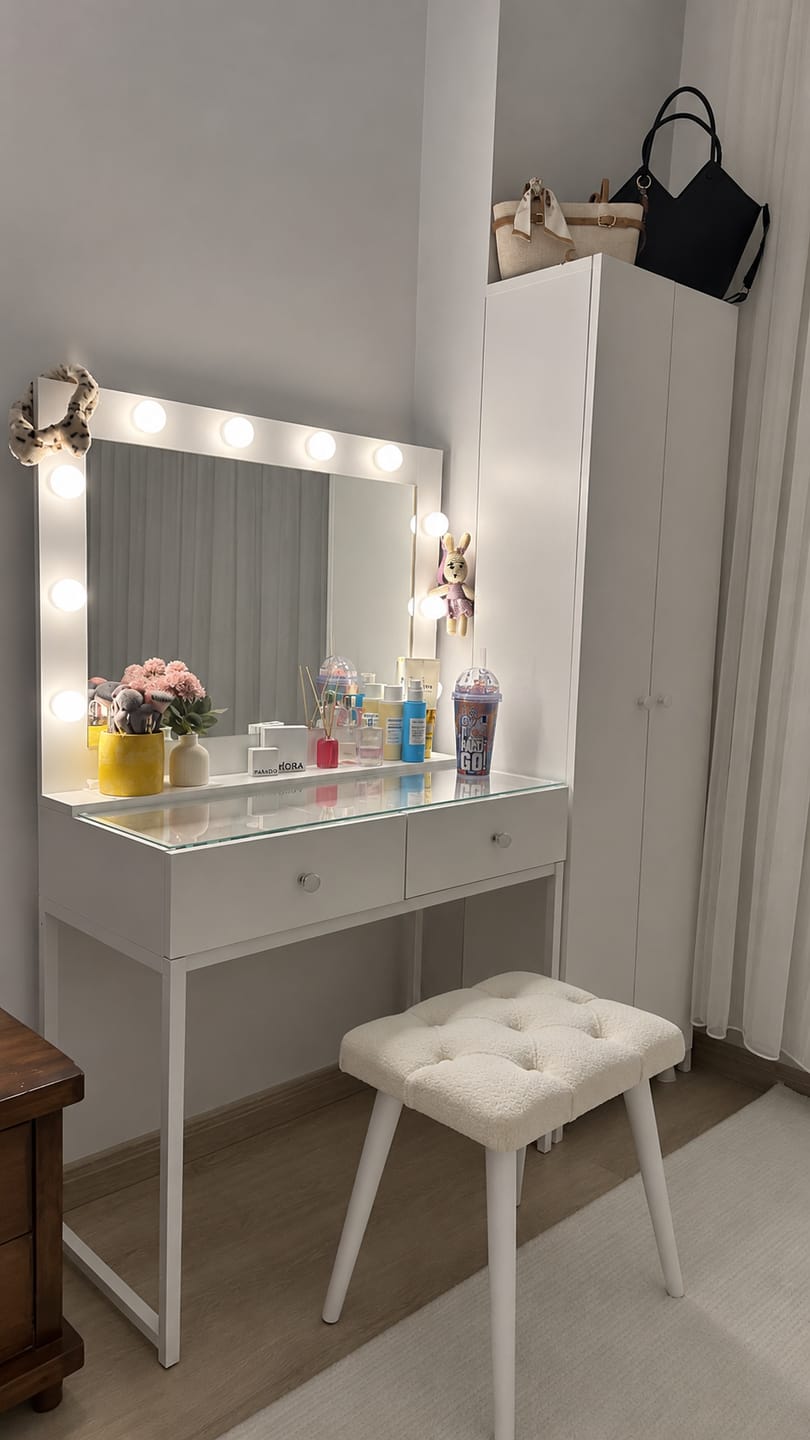 Customer photo review of Rani BJ164 Hollywood Işıklı Aynalı Kulis Makyaj Masası Cam Tablalı 2 Çekmeceli Takı Düzenleyici Puf Takım Beyaz