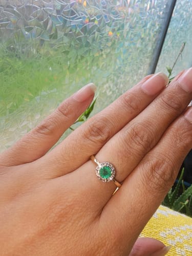 Customer photo review of Emerald & Diamond Halo Ring in 9ct Yellow Gold