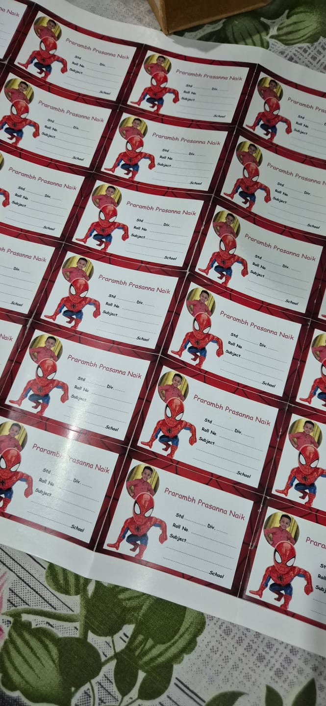 Customer photo review of Spiderman Personalied Notebook Name Slips  | 12x18" Sheet with 36 Labels