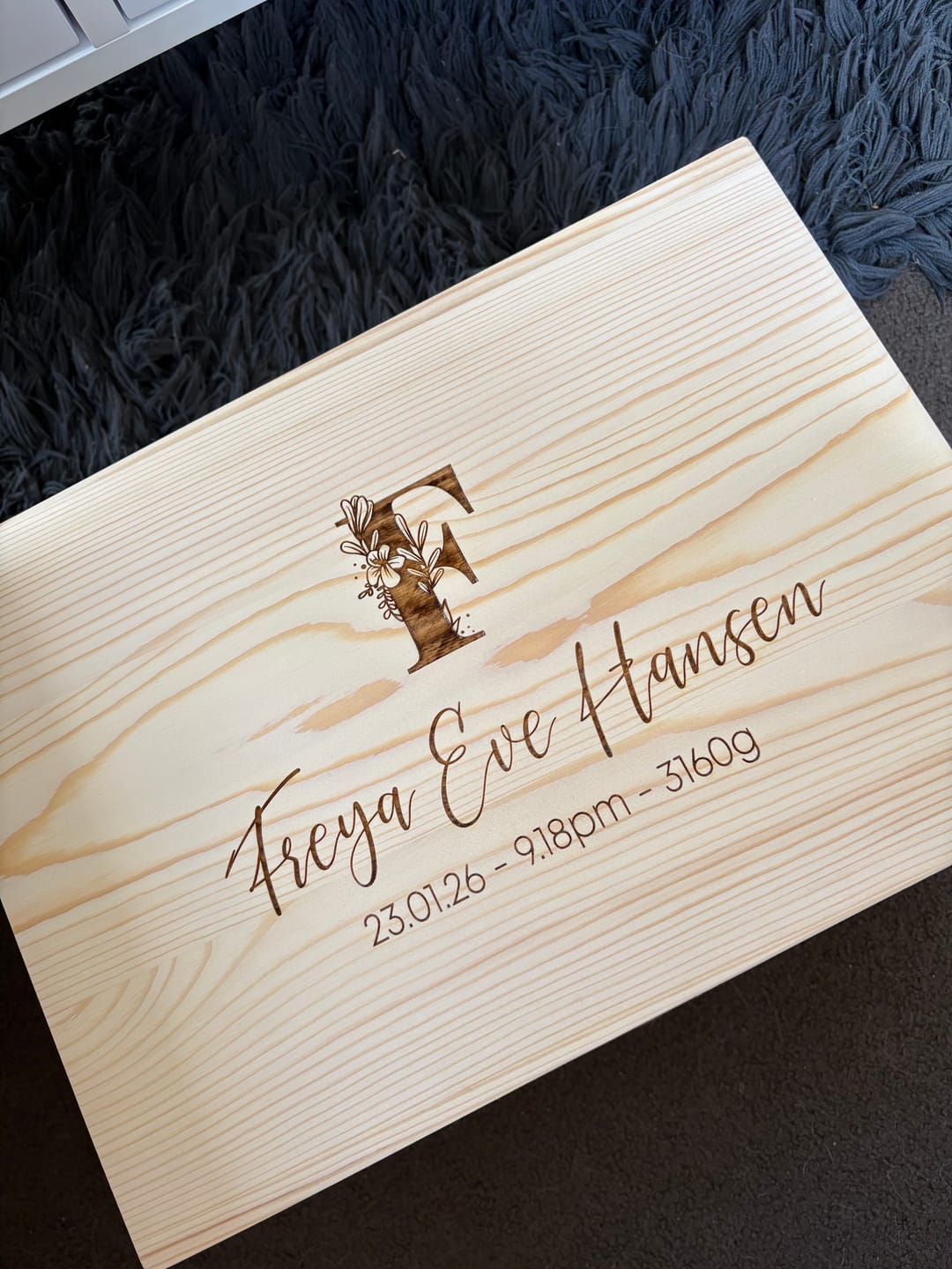 Customer photo review of Floral Monogram with birth details Engraved Keepsake Box (Pre-Order)