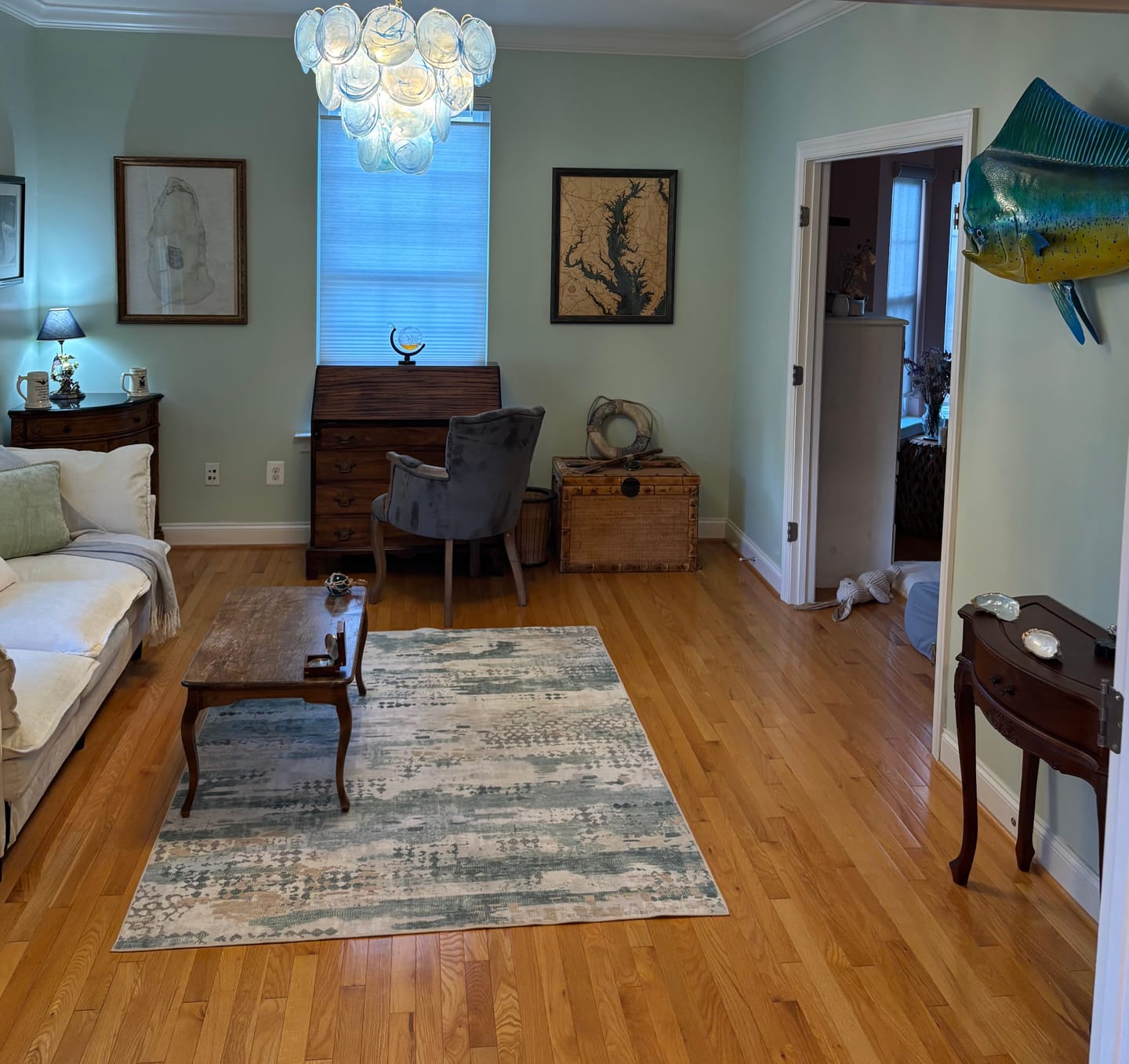 Customer photo review of Glam Blue Iridescent Swirl Glass Round Tiered Chandelier
