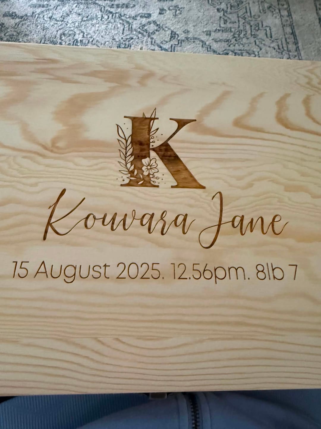 Customer photo review of Floral Monogram with birth details Engraved Keepsake Box (Pre-Order)