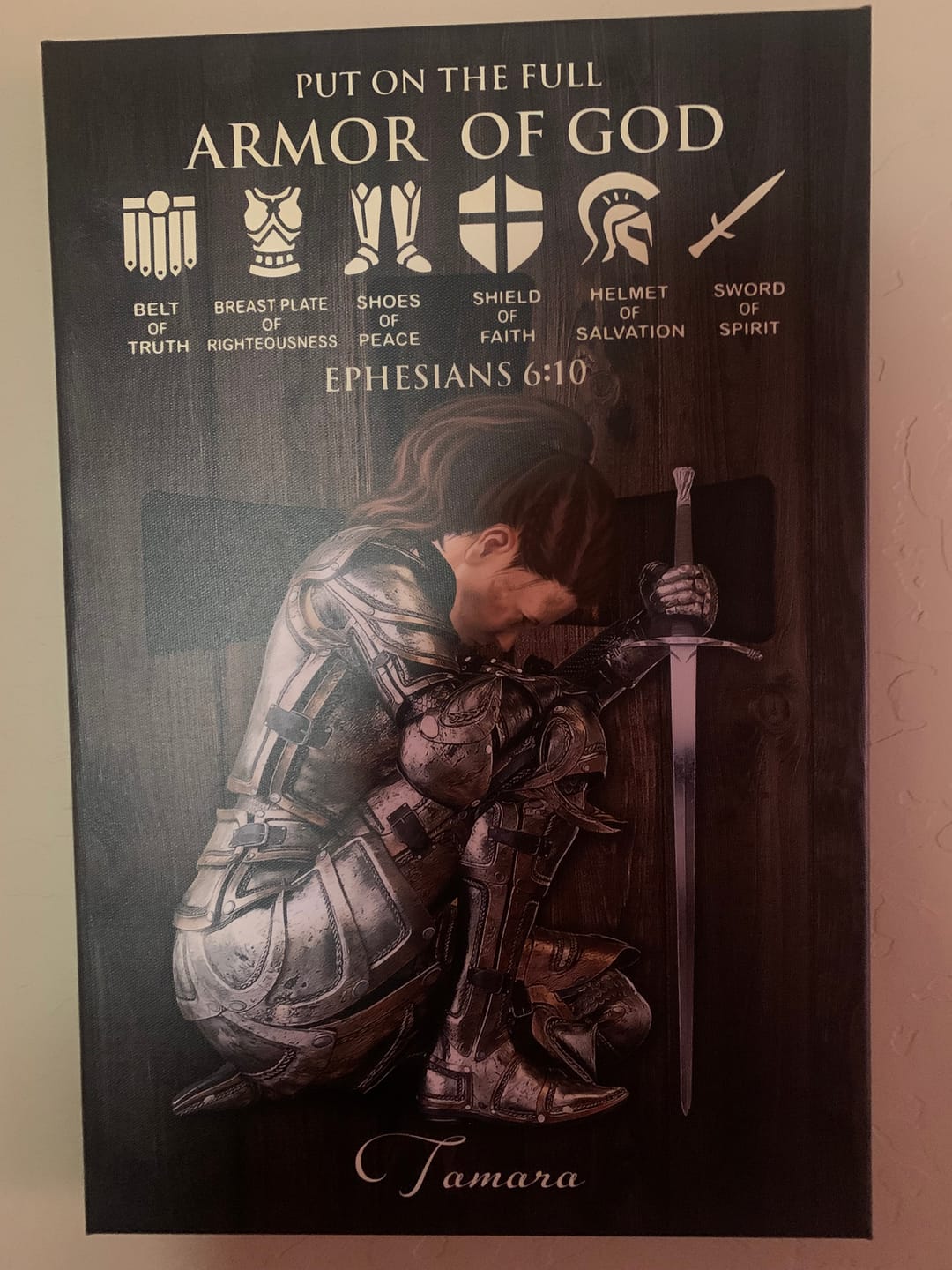 Customer photo review of Personalized Woman Warrior of God Put On The Full Armor Of God Ephesians 6:10 Poster Canvas