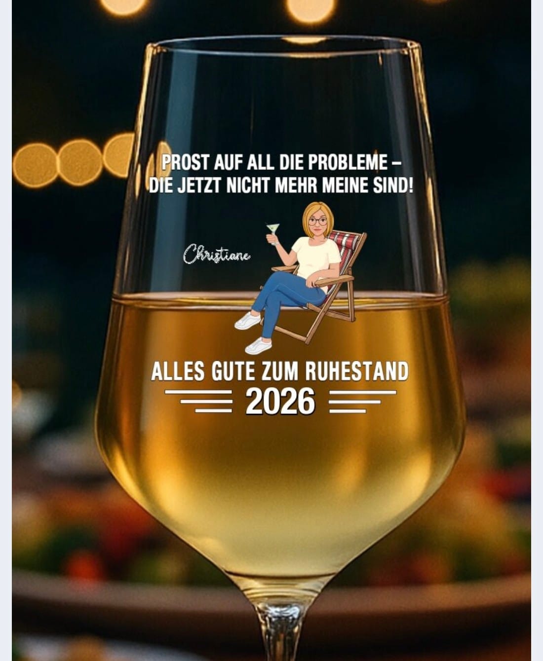 Customer photo review of Auf die Freiheit - Personalisiertes Weinglas mit Spruch und Clipart zum Ruhestand