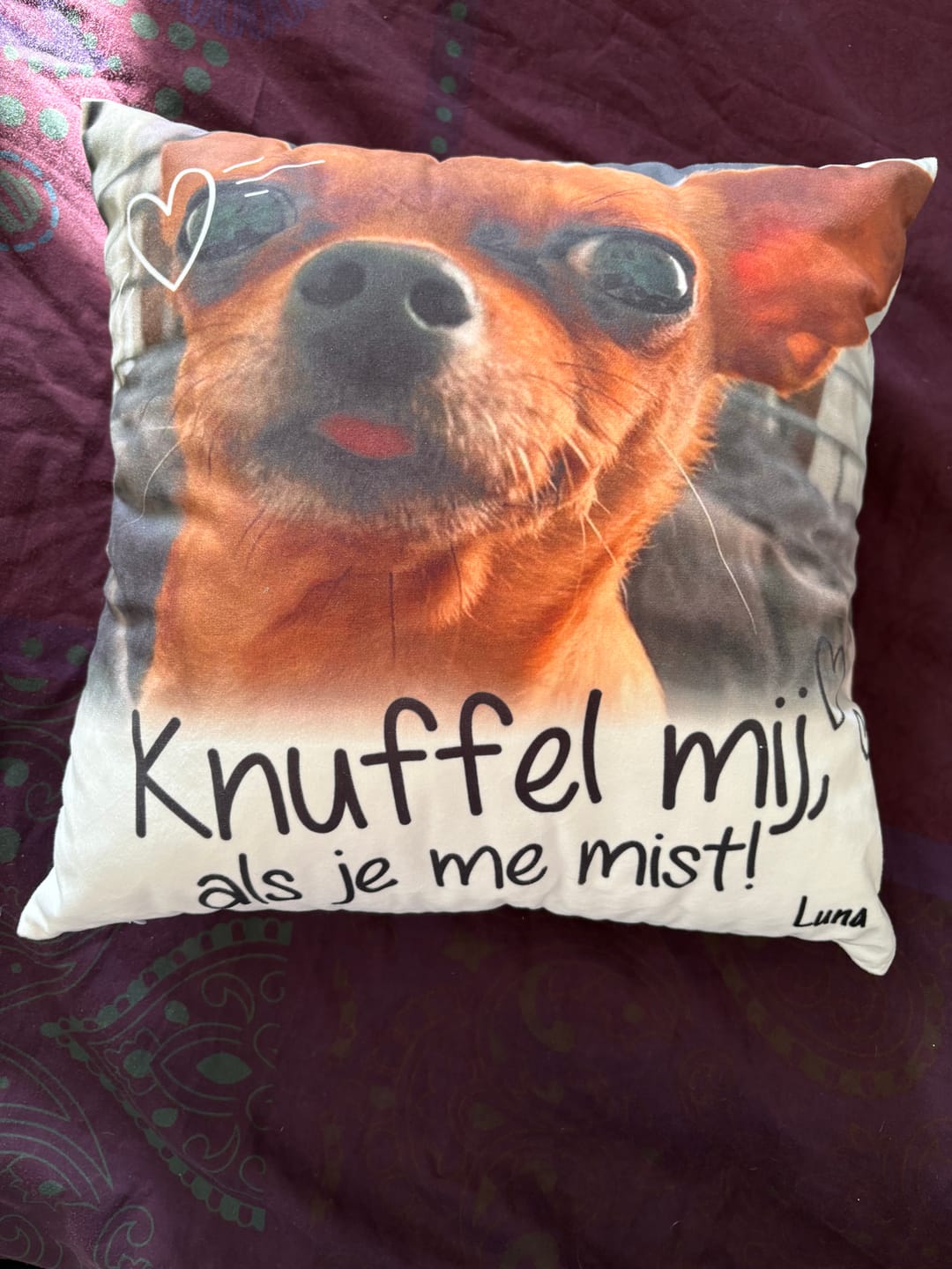 Customer photo review of Knuffel mij als je me mist - Gepersonaliseerde kussen