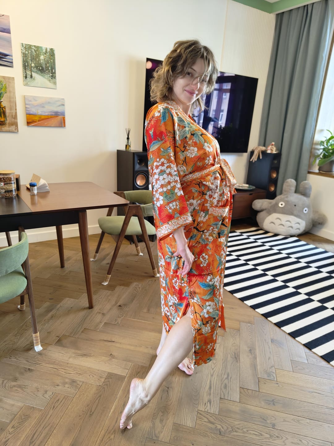 Customer photo review of Vintage Orange Enamel Camellia Floral Kimono Robe with Pockets