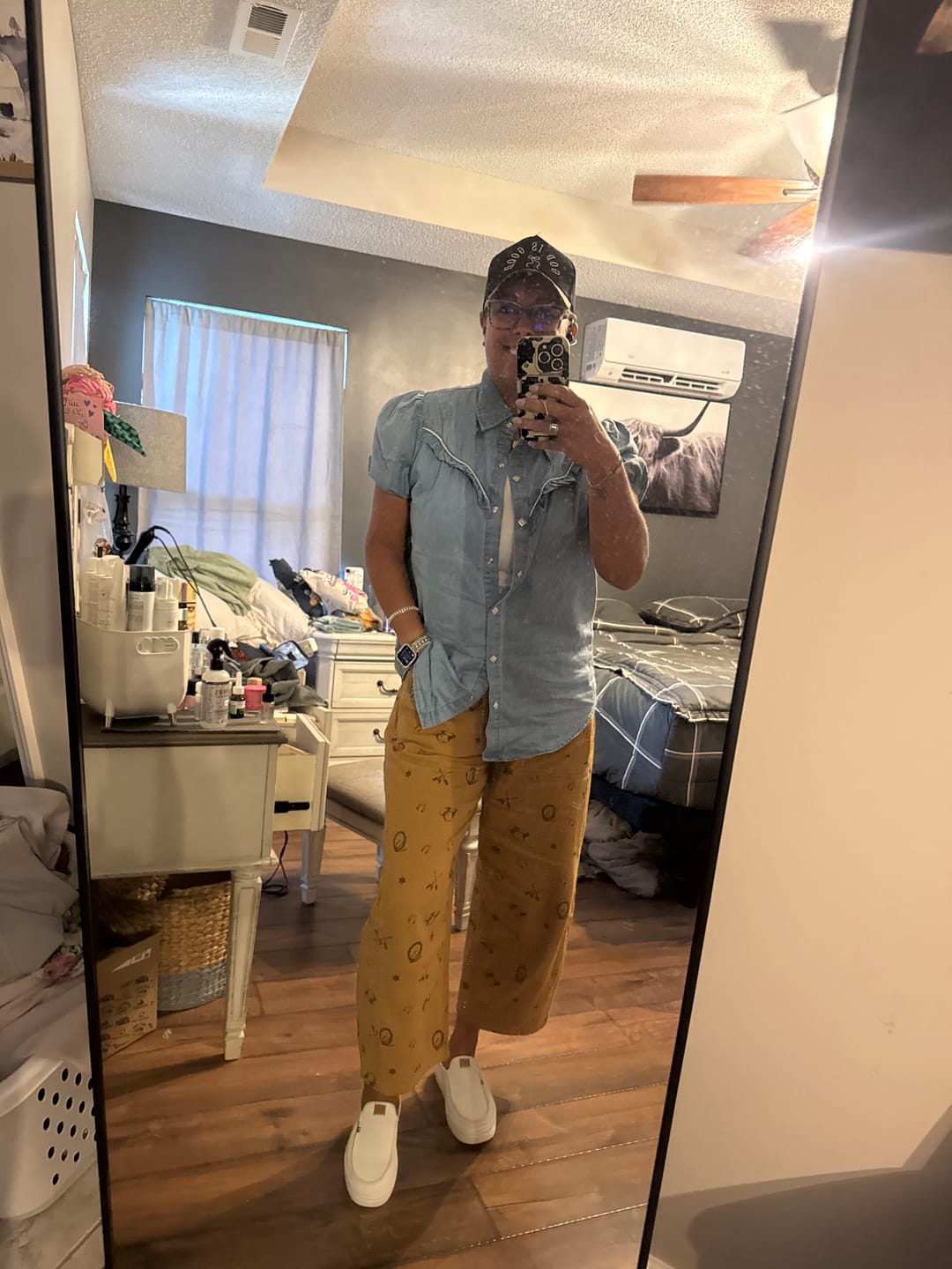 Customer photo review of Washed Taupe Barrel Pants With Western Print