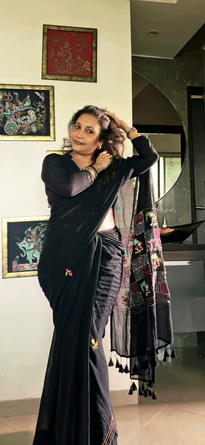 Customer photo review of Hand Embroidered  Black Mulmul Cotton Saree