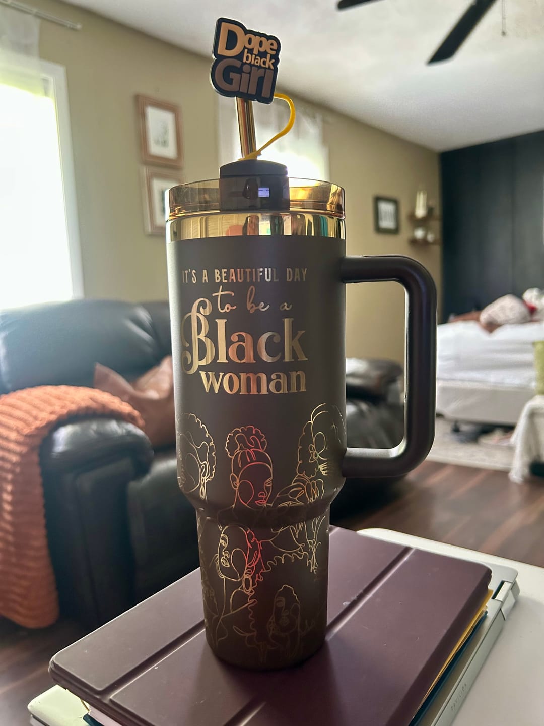 Customer photo review of "Brown Sugar" FlowSip™ Insulated Tumbler – It's a Beautiful Day to Be a Black Woman