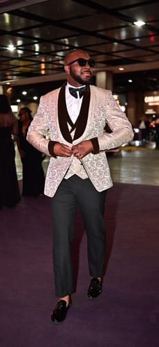 Customer photo review of Men's 3-Piece Shawl Collar Leaf Jacquard Beige Tuxedo Set