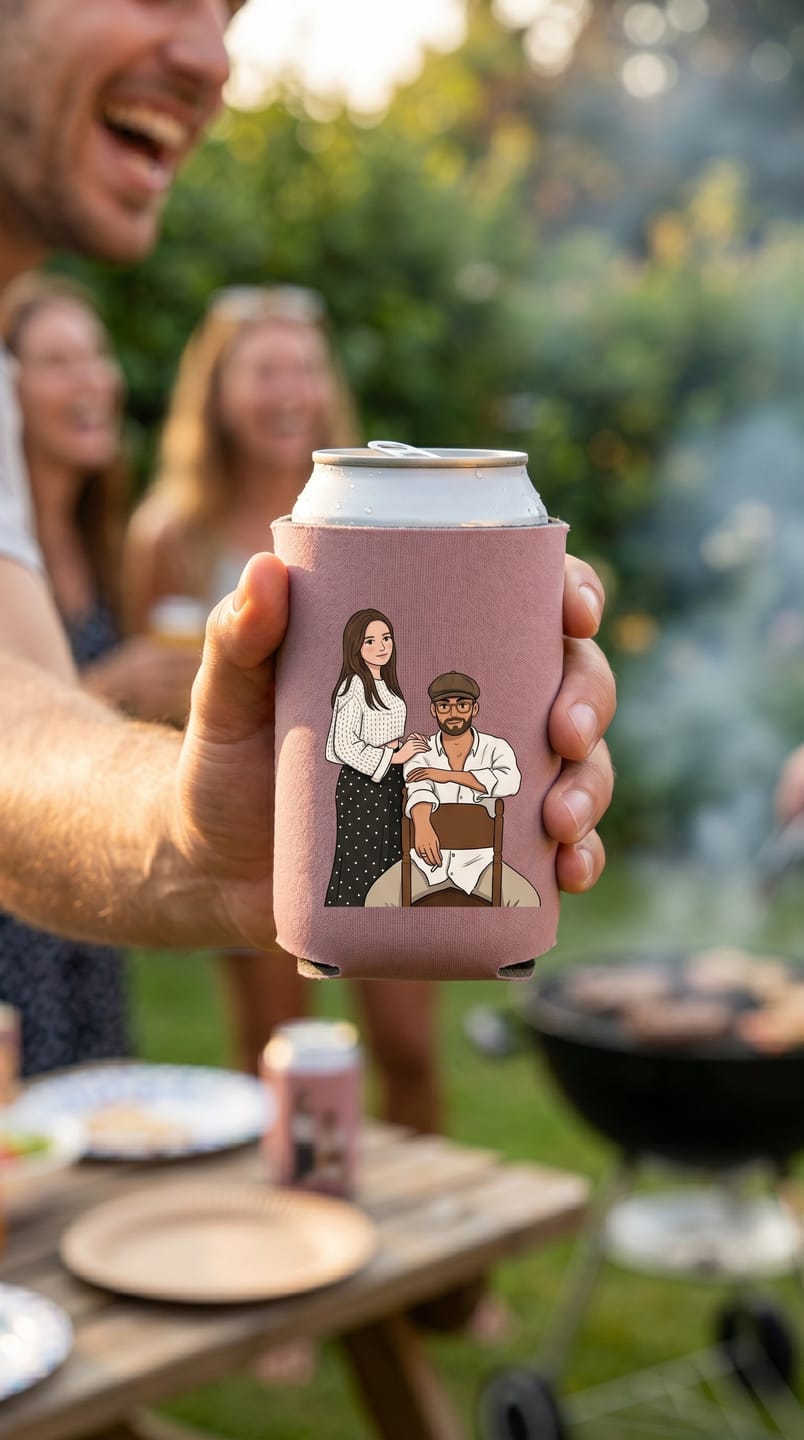 Customer photo review of Personalised Stubby Holders with cartoon style illustration