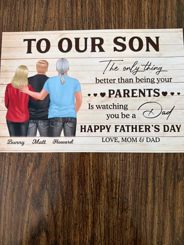 Customer's personalized 'To Our Son' Father's Day poster showing an illustration of three people from behind.