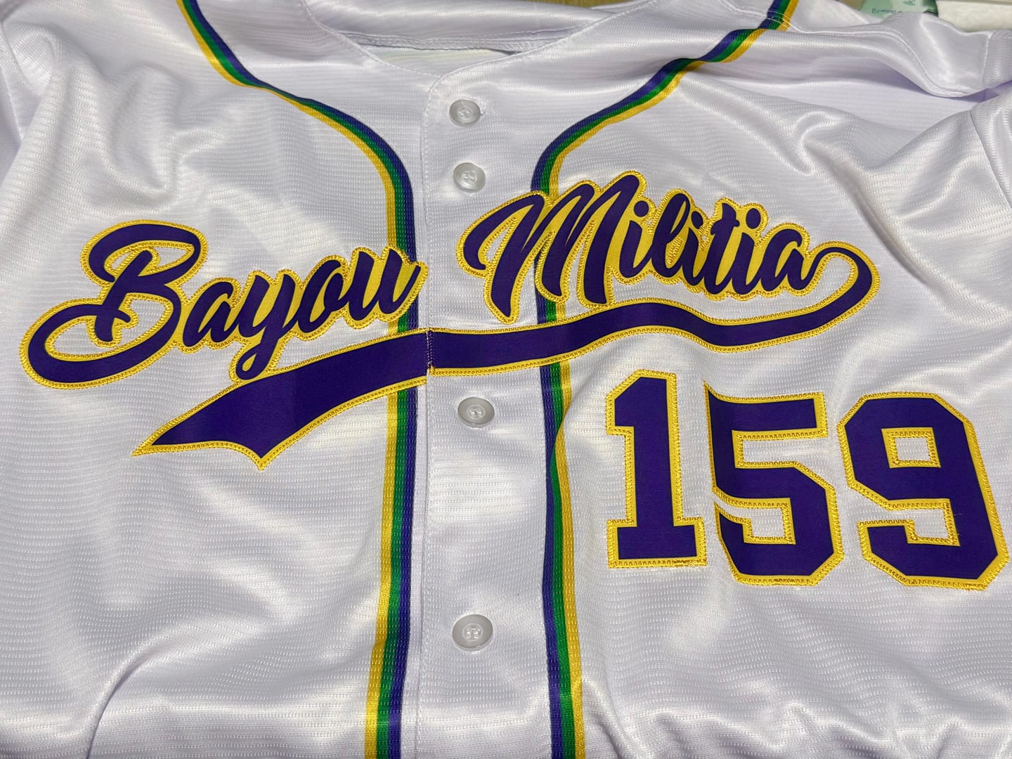 Customer photo review of Custom White Purple Gold Kelly Green Personalization Mardi Gras Authentic Baseball Jersey