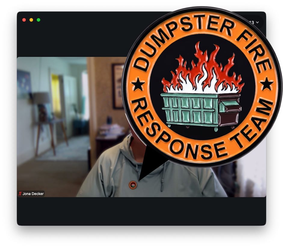 Customer photo review of Dumpster Fire Pin