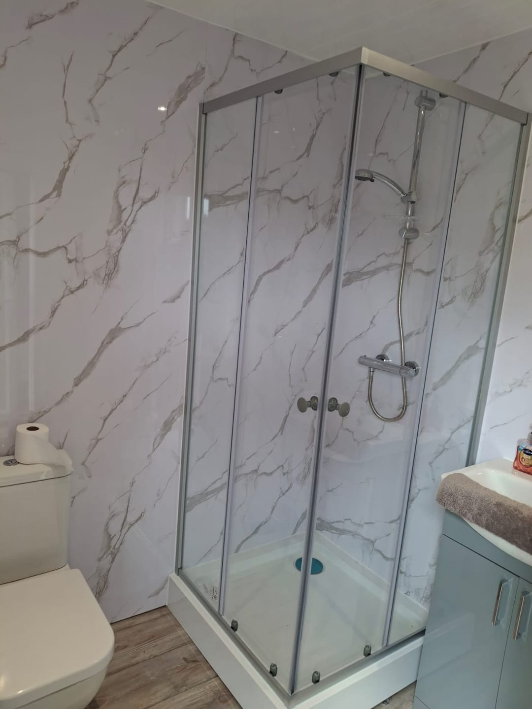 Customer photo review of Premium Carrara White Marble Gloss Shower Wall Panel - 1M x 2.4M
