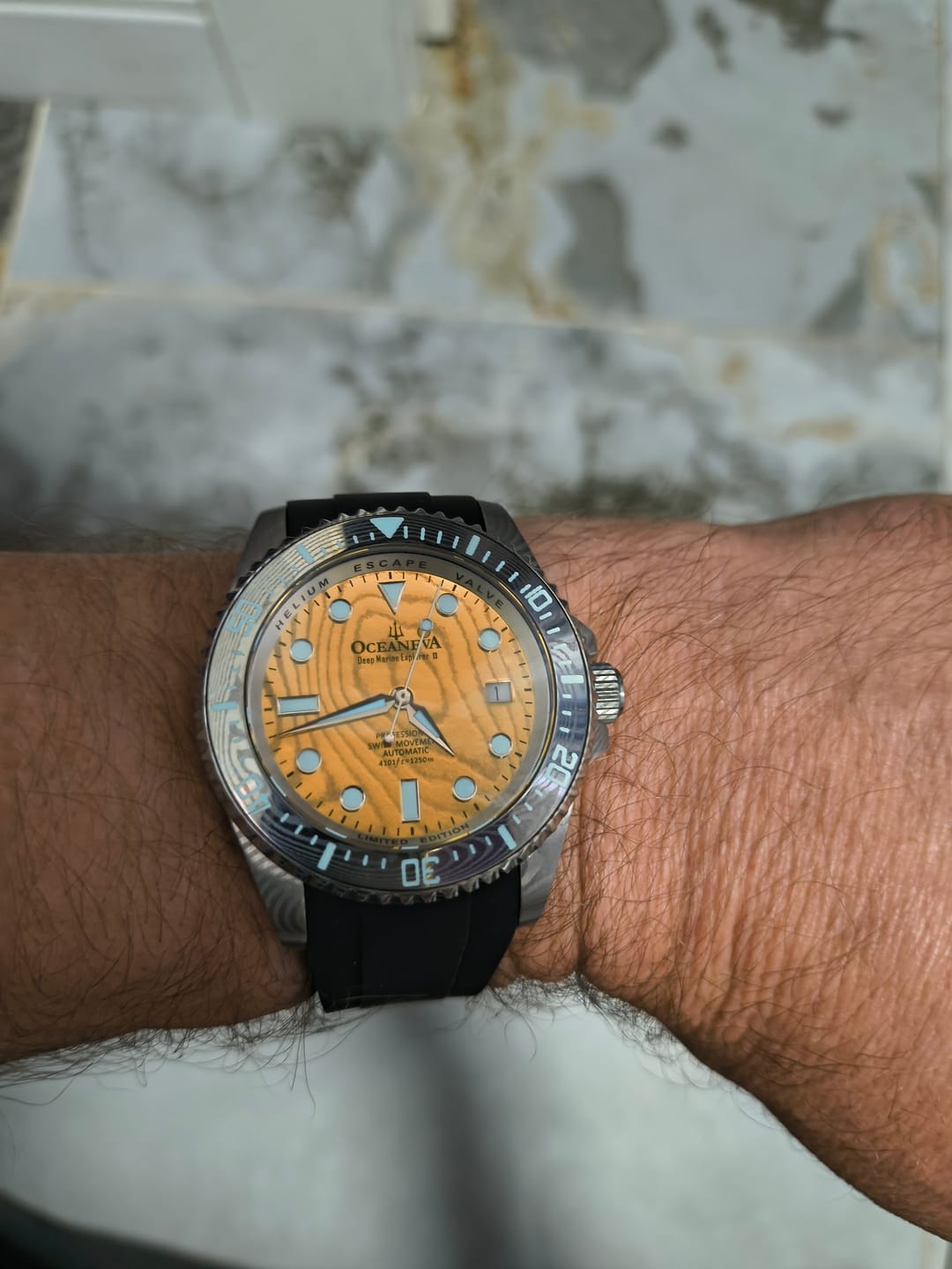 Customer photo review of Oceaneva Mens Deep Marine Explorer II Yellow Gold Gold Damascus Steel Dial Watch Rubber