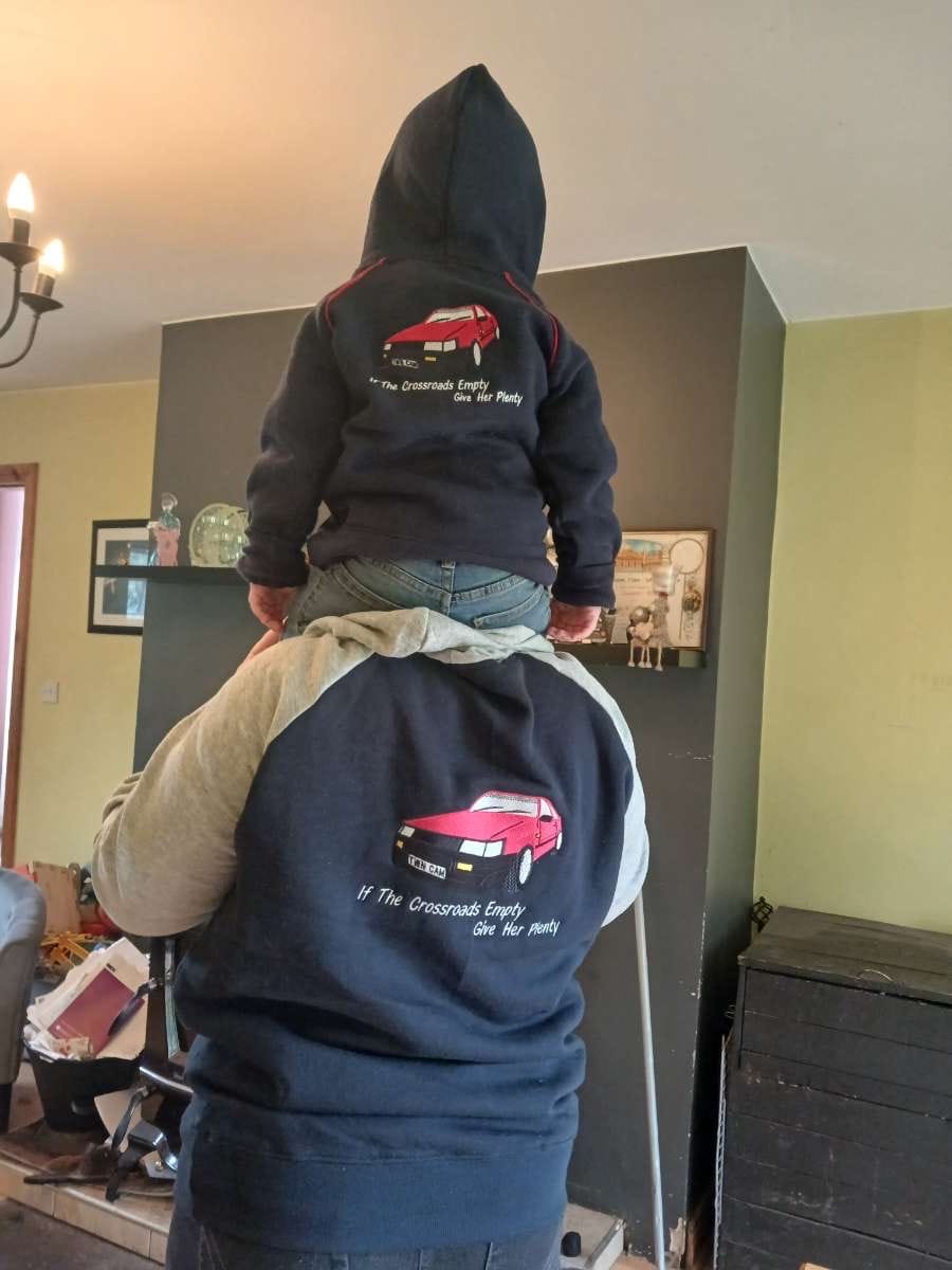 Customer photo review of Kids Red Car Hoodie