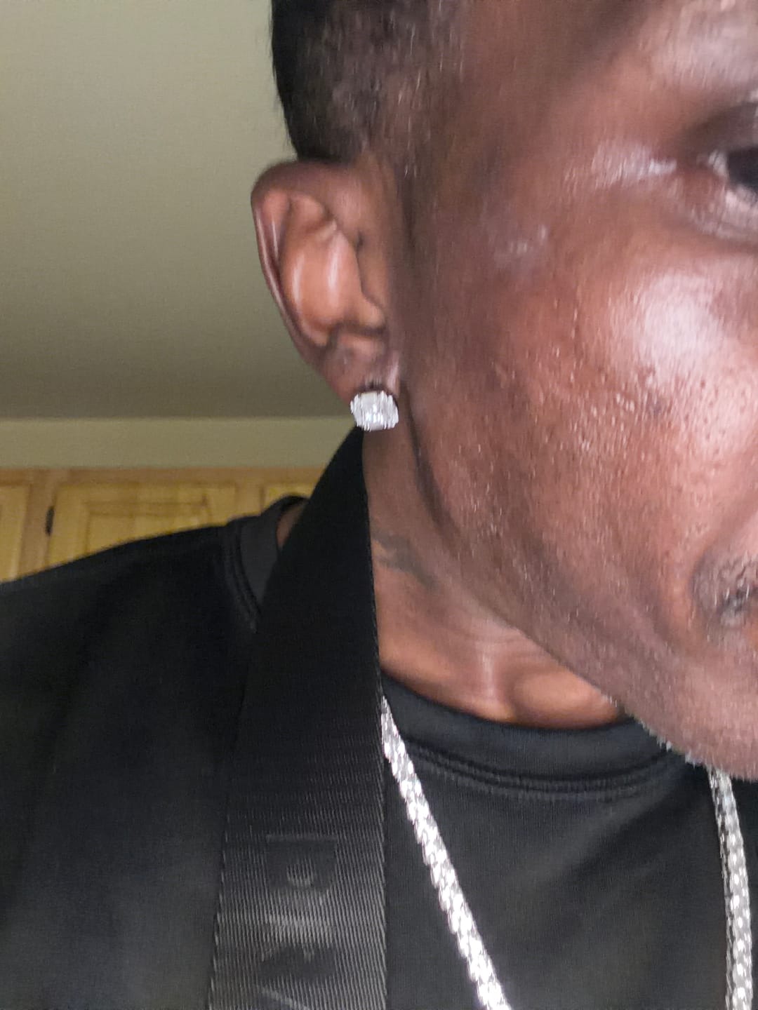 Customer photo review of Moissanite Baguette Halo Stud Earrings 14K Gold