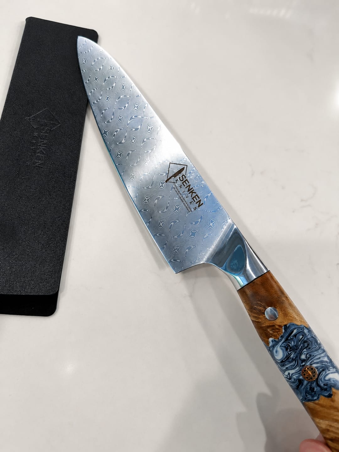 Customer photo review of Tenjin 8" Chef's Knife — Japanese VG10 110-Layer Powder Damascus Steel [Limited Edition]