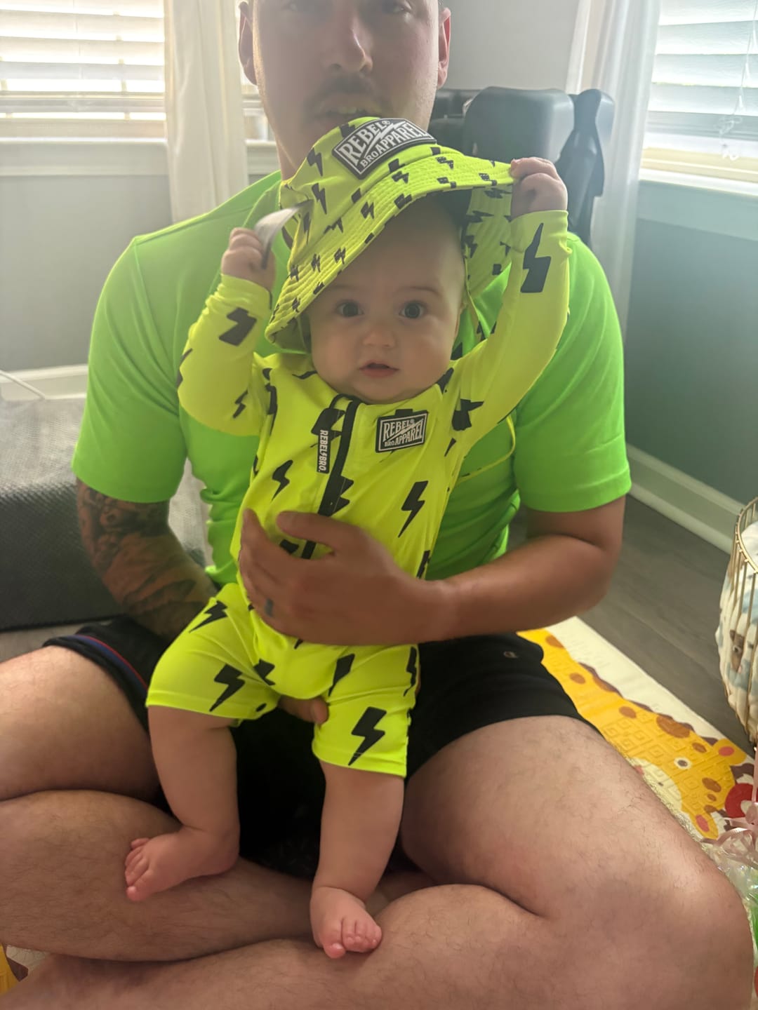 Customer photo review of UPF50+ Boys Swim Romper in Neon Electric Lime x Jagger