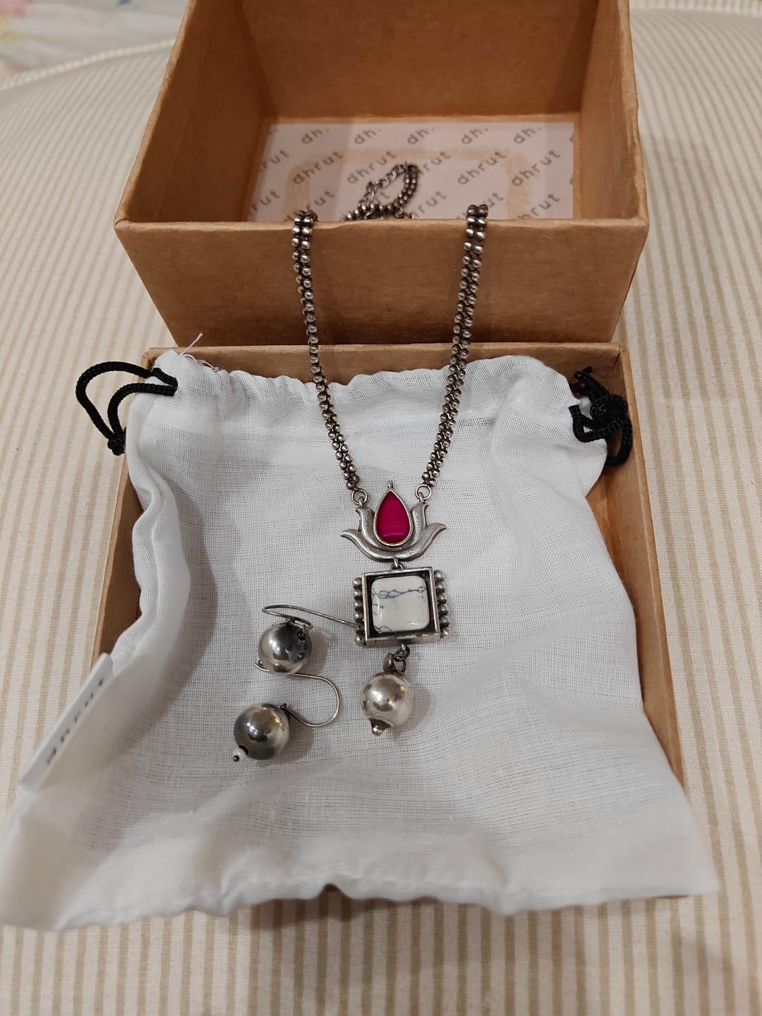 Customer photo review of Dual Lotus Drop Necklace Set - Rani Pink & Ivory