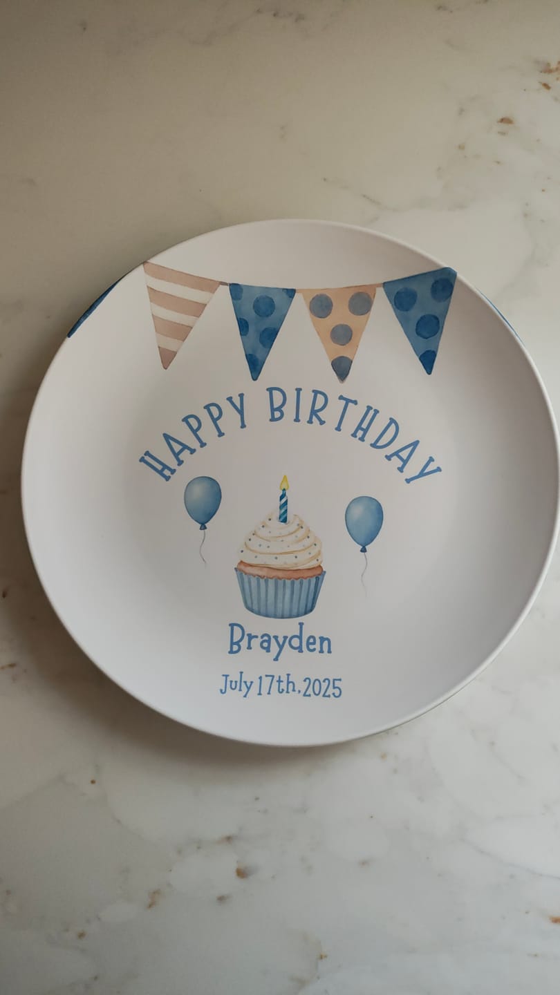 Customer photo review of Boy Blue Brown Banner Birthday Plate