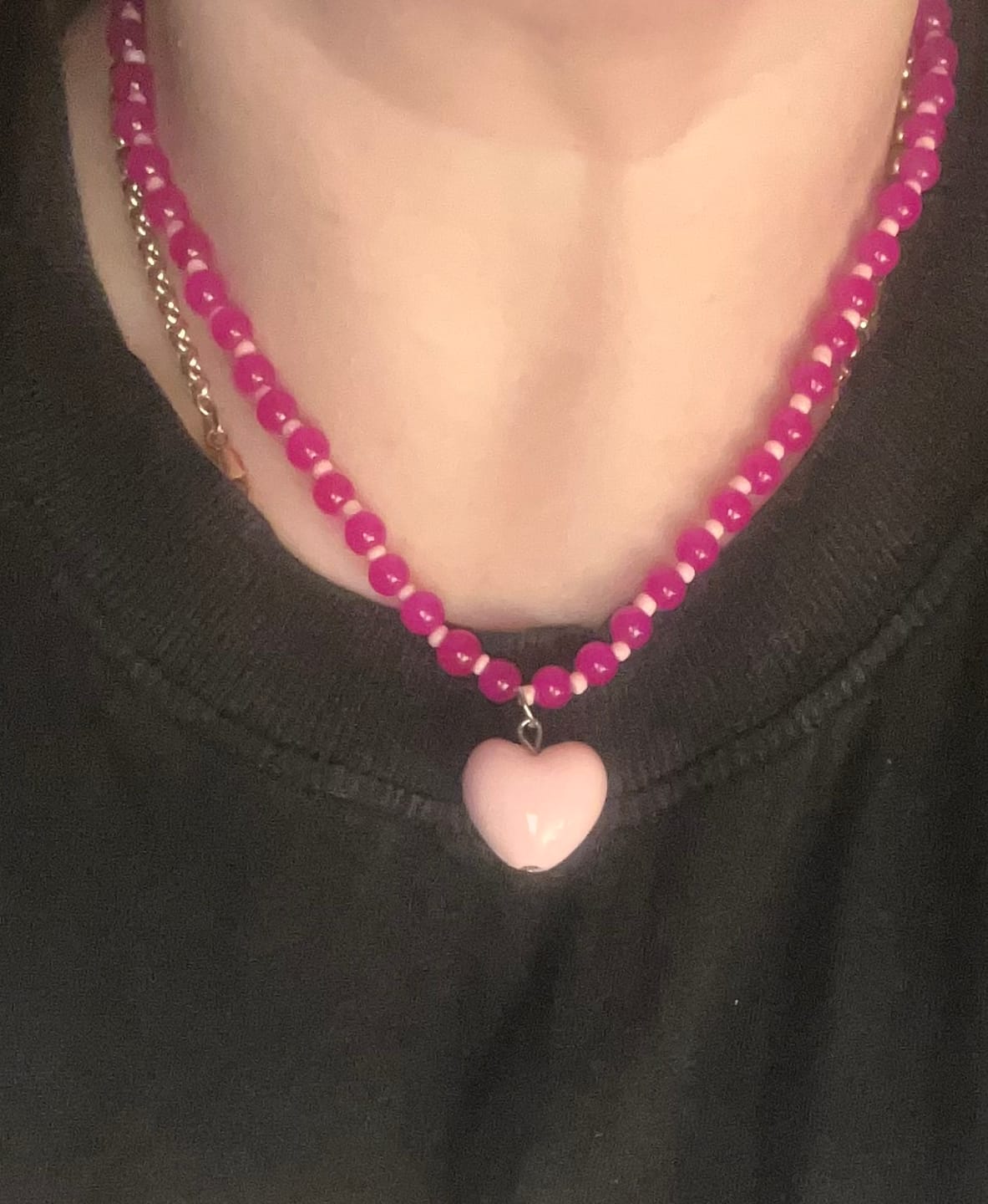 Customer photo review of Glass bead pink necklace with pink Heart