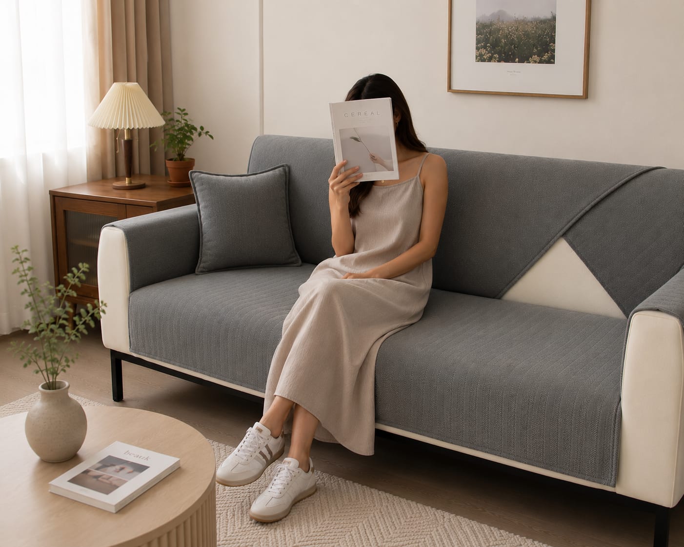 Customer photo review of Chenille Bankbeschermer met Visgraatstructuur – VeluraShield
