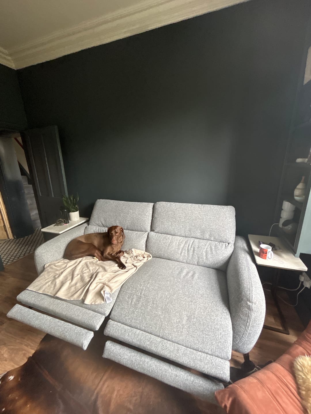 Customer photo review of Jasmine Large 3 Seater Power Recliner Fabric Sofa, Monique Steel