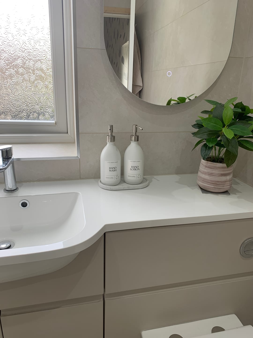 Customer photo review of Set of 2 Milky White Glass Bottle 500 ML with Metal Pump & Small Tray (White Label)
