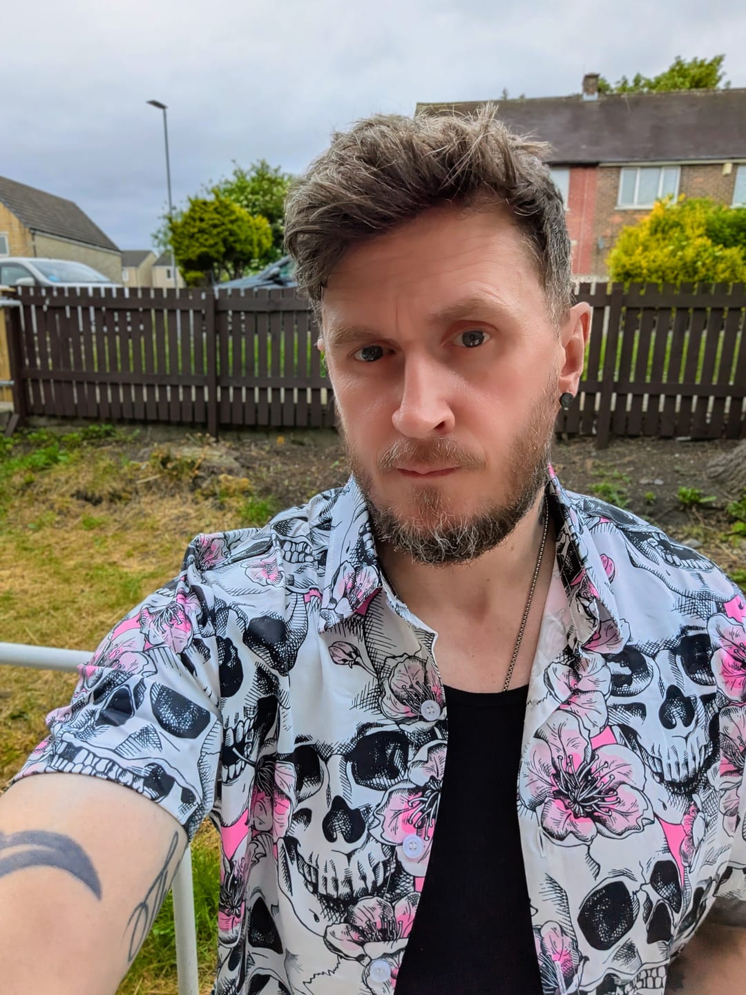 Customer photo review of Men's Skull Pink Flowers Button Up Short Sleeve Shirts