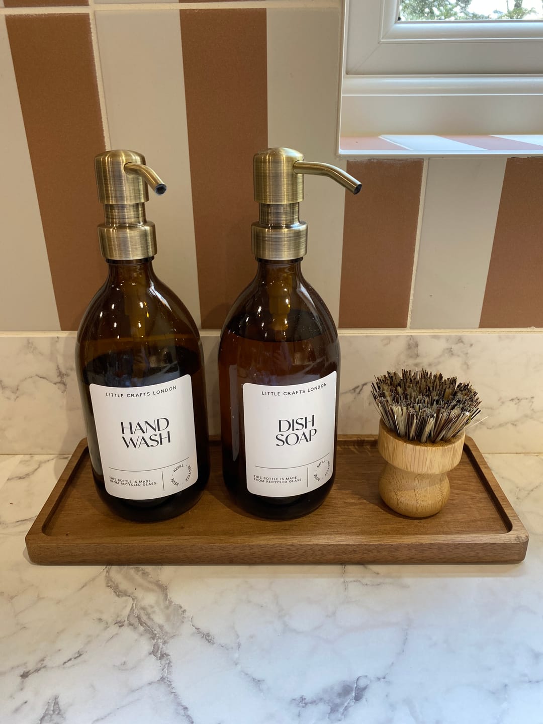Customer photo review of Set of 2 Amber Glass Bottles 500 ML Long tray & Dish Brush