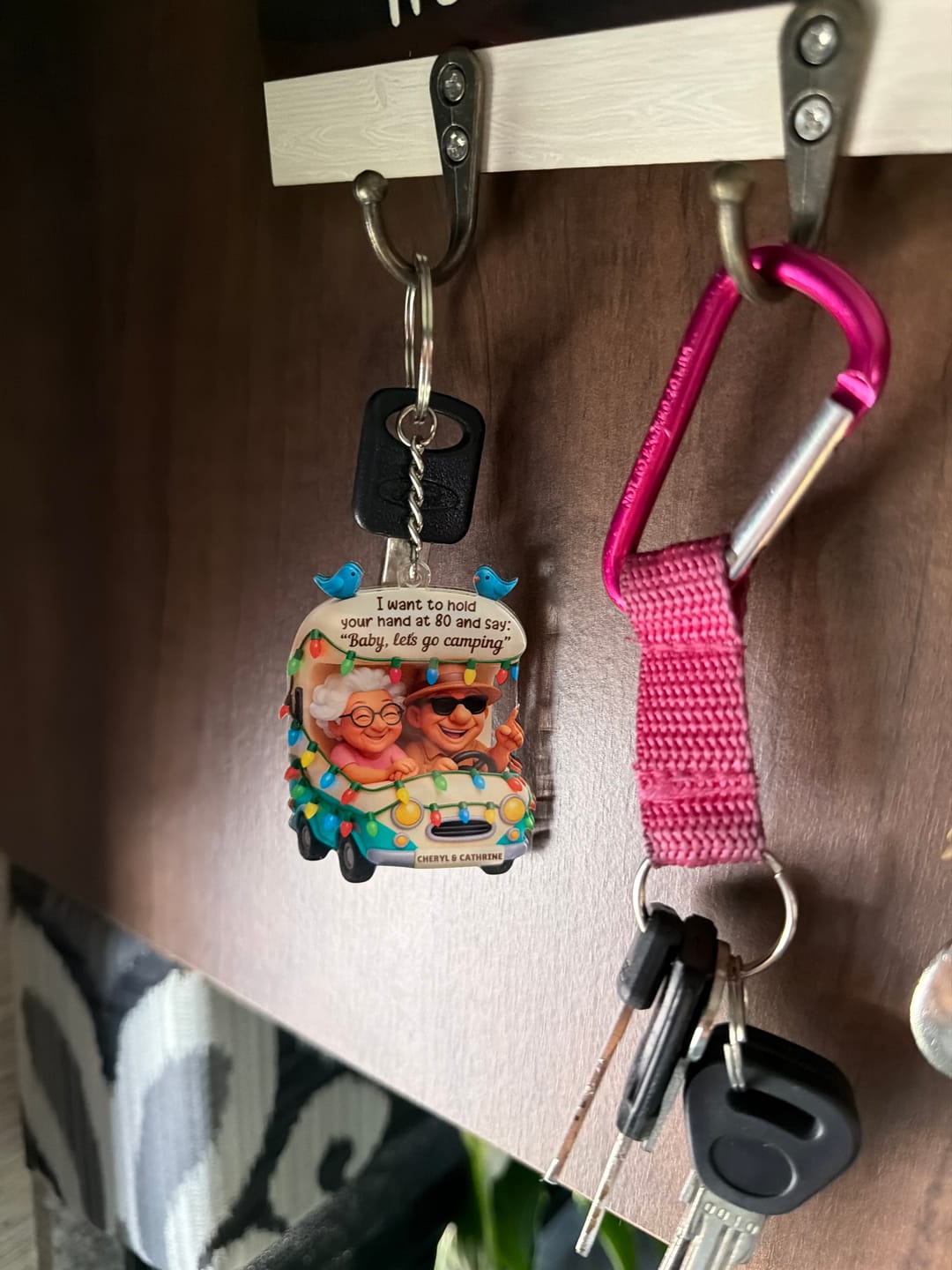 Customer photo review of Personalized "Baby Let's Go Camping" Acrylic Keychain With Names & Icons | Unique Anniversary Valentine's Day Gift For Old Couples & Travel Lovers