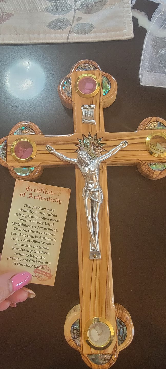 Customer photo review of Olive Wood Crucifix (Partially covered with Mother of Pearl) - Holy Land Crucifixes