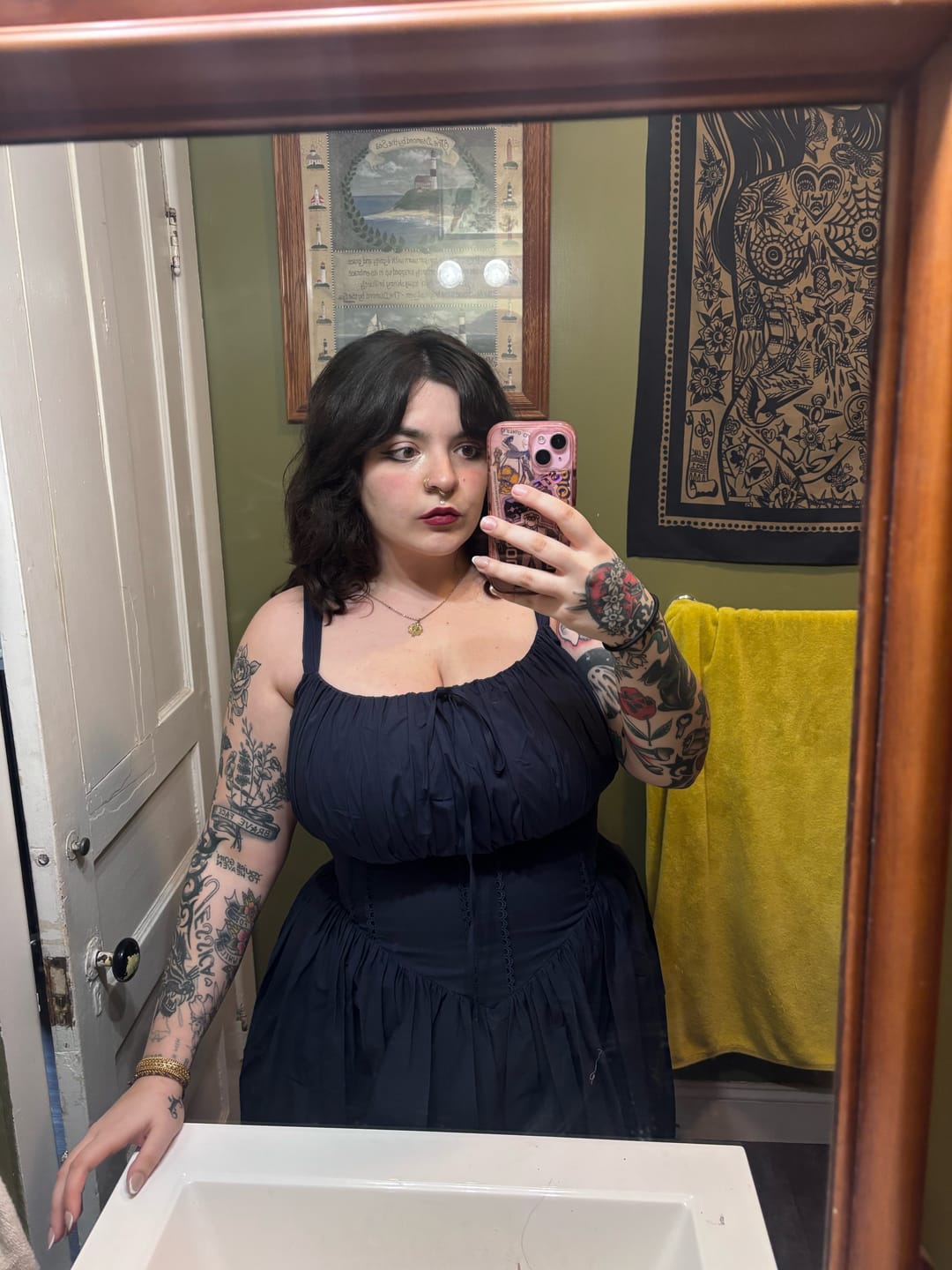 Customer photo review of 'Camille' Navy Fuller Bust Midi Cotton Dress