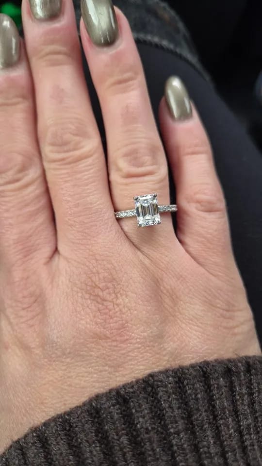 Customer photo review of 2 Carat Emerald Cut Moissanite Ring with Pavé Band