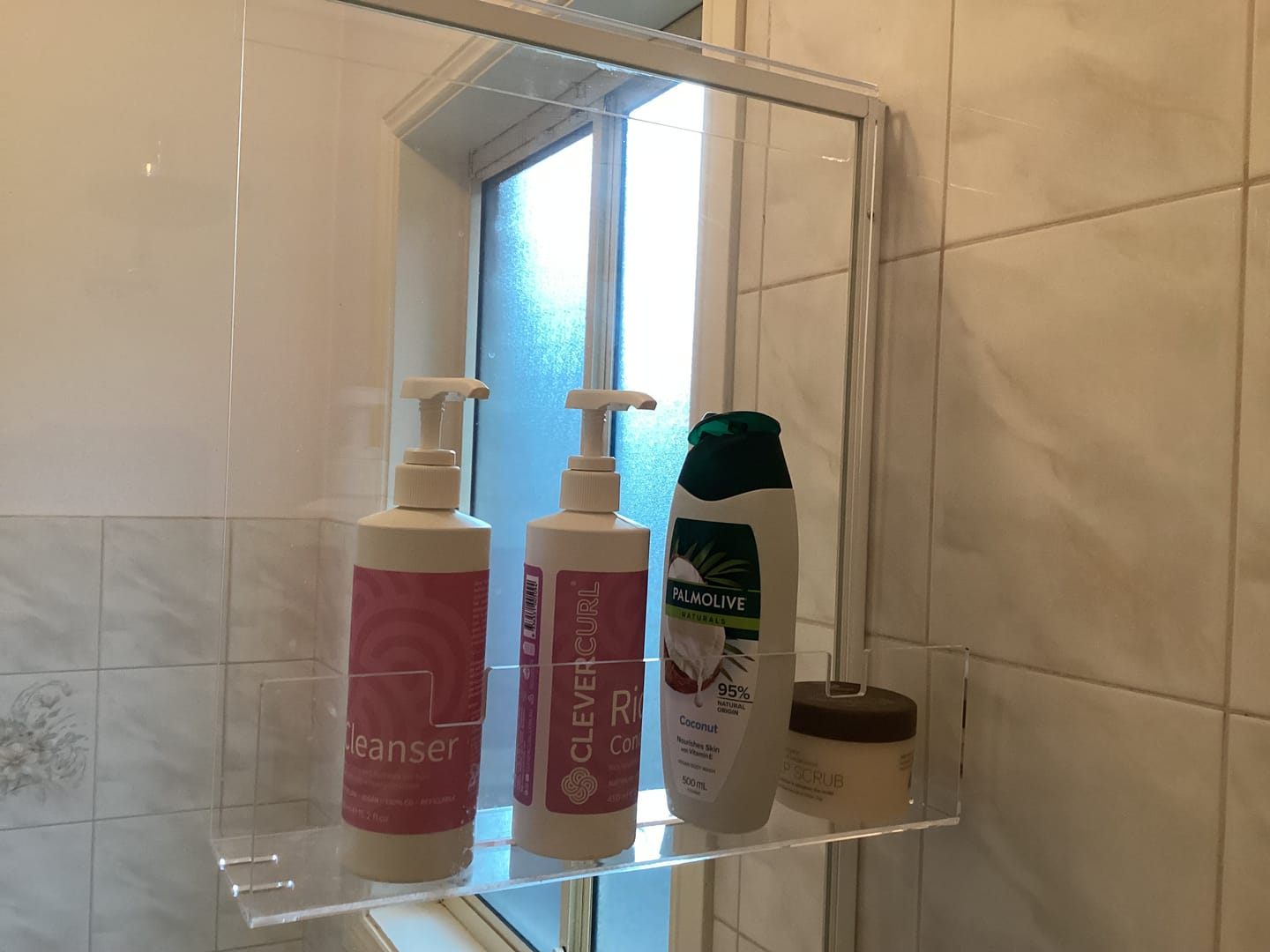 Customer photo review of Clear Acrylic Shower Shelf