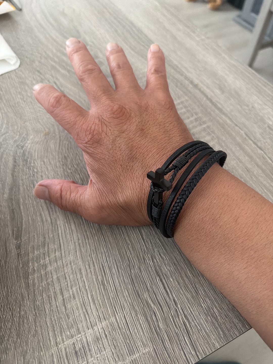 Customer photo review of FREE Today: Tri - Color Stainless Steel Cross & Braided Leather Fashion Bracelet