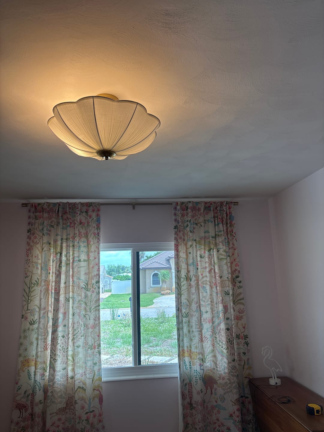 Customer photo review of Boho Pleated Flower White Fabric Semi Flush Mount