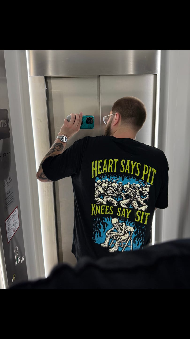 Customer photo review of 'HEART SAYS PIT, KNEES SAY SIT' TEE