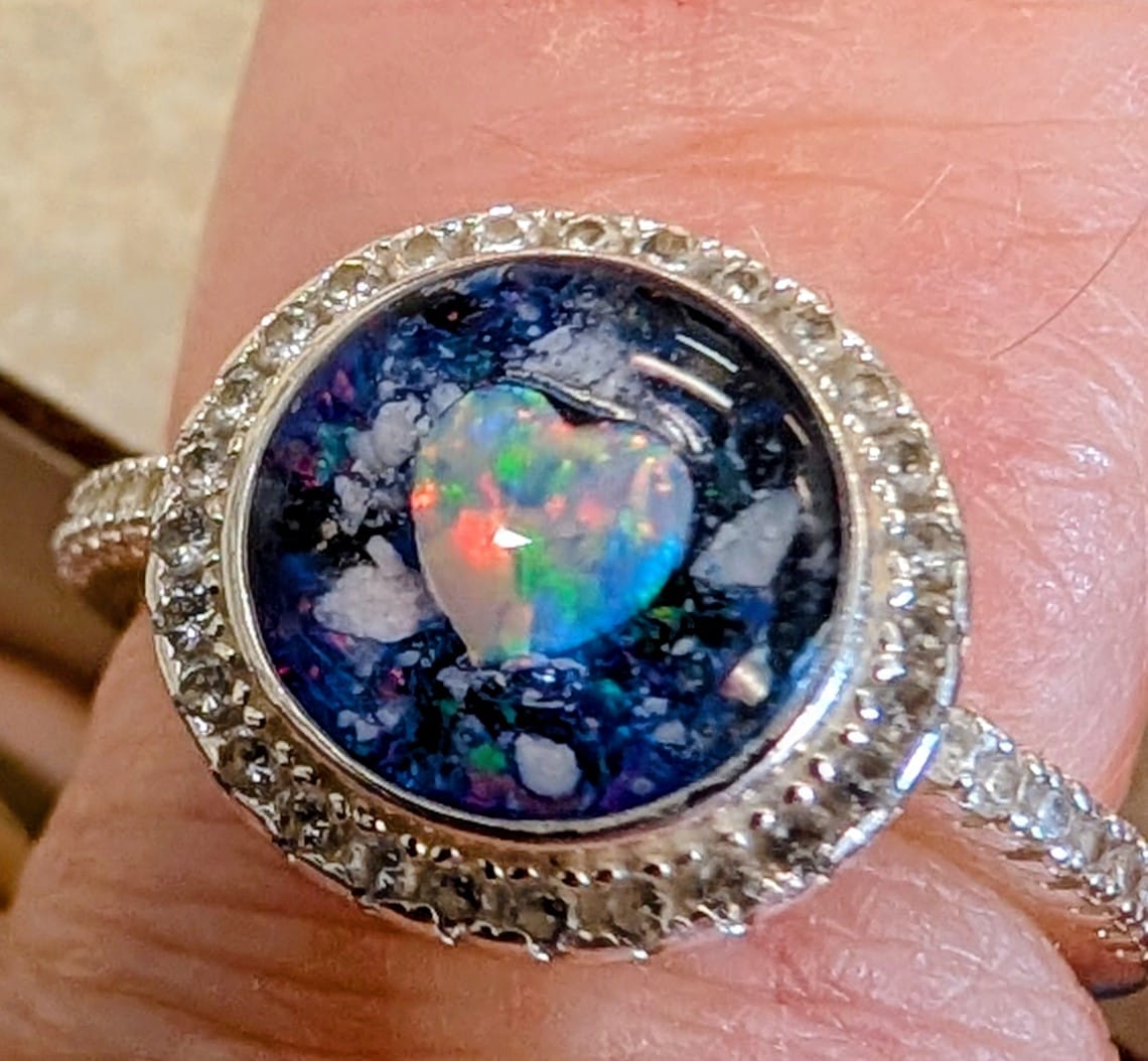 Customer photo review of Bedazzled Circle with Heart Opal Cremation Ring