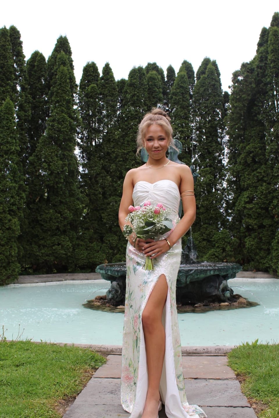 Customer photo review of Strapless Ivory Twist Floral Sequin Long Dress with Slit