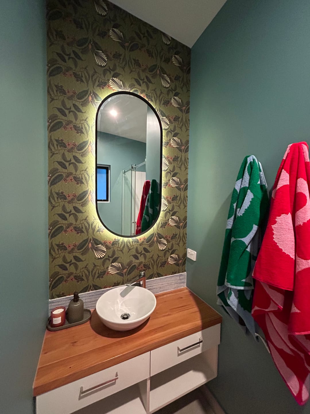 Customer photo review of Retro Fantail NZ Inspired Wallpaper - Green
