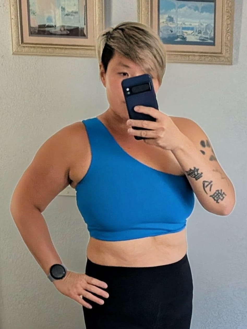 Customer photo review of BOLD One-Shoulder Longline Bra