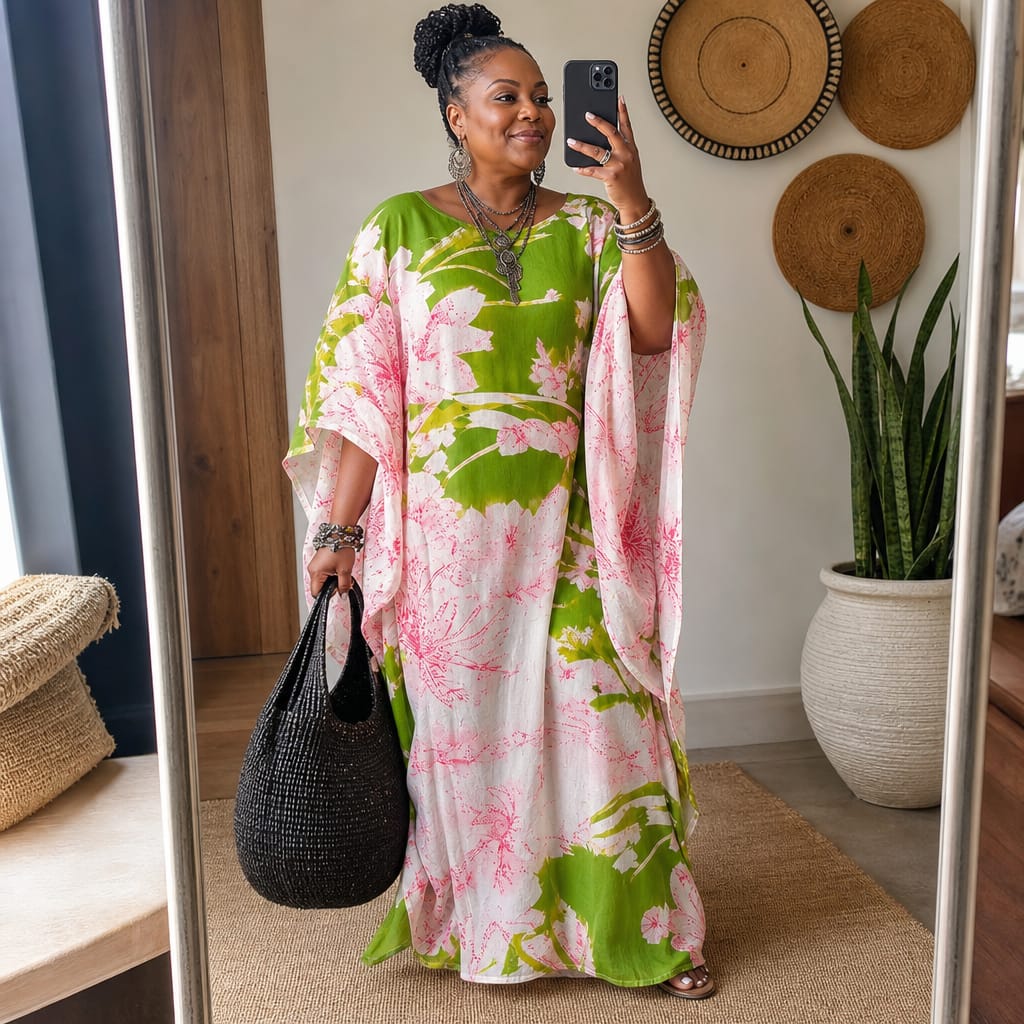 Customer photo review of Elegant Pink Flowers Round Neck Casual Long Dress