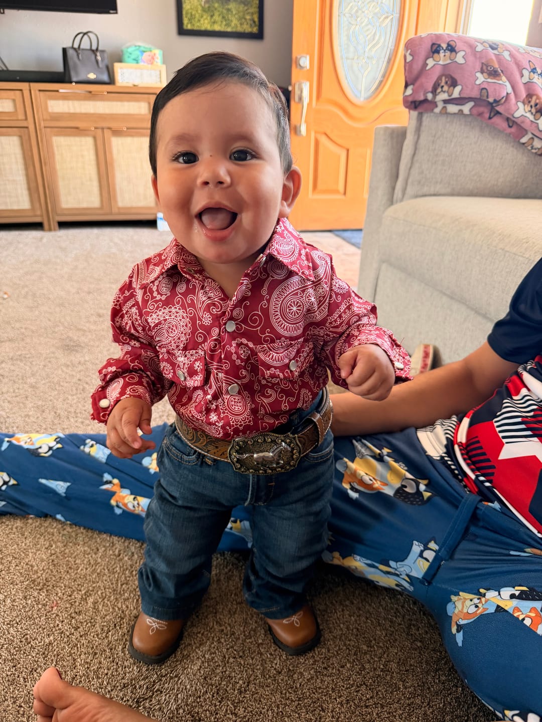 Customer photo review of Maroon Paisley LS Pearl Snap Onesie, (0-18M)