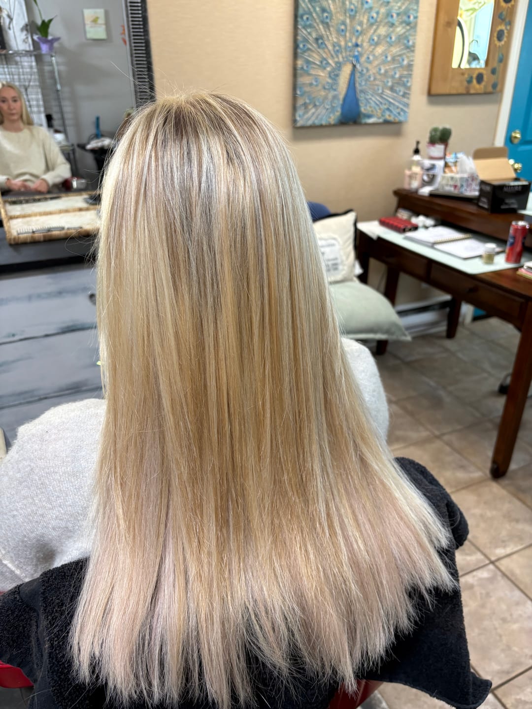 Customer photo review of Virgin XO Invisible Weft with PU Hole Hair Extensions Blonde Highlights #P19/60