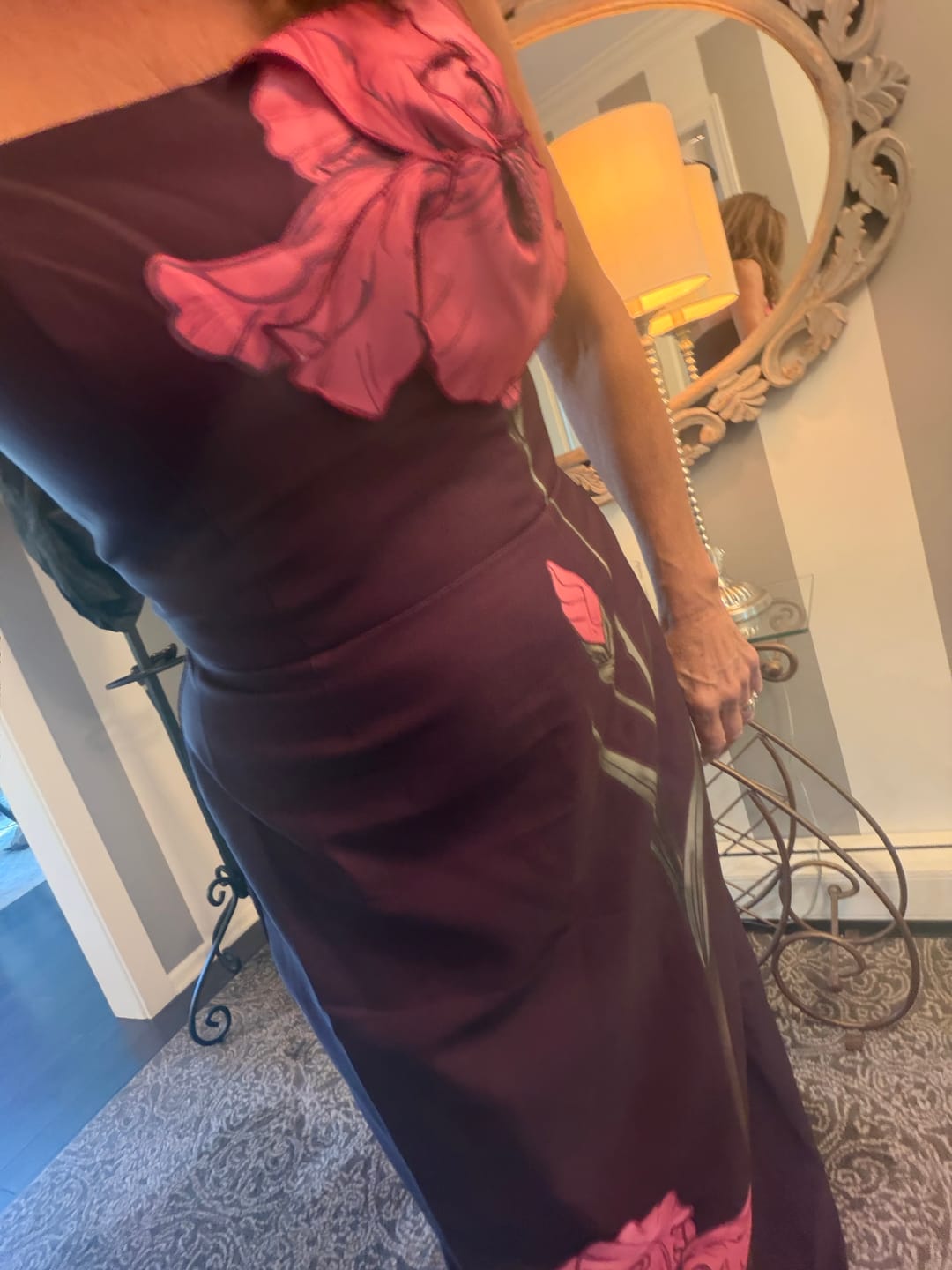 Customer photo review of Strapless Floral Appliqué Printed Crepe Column Gown