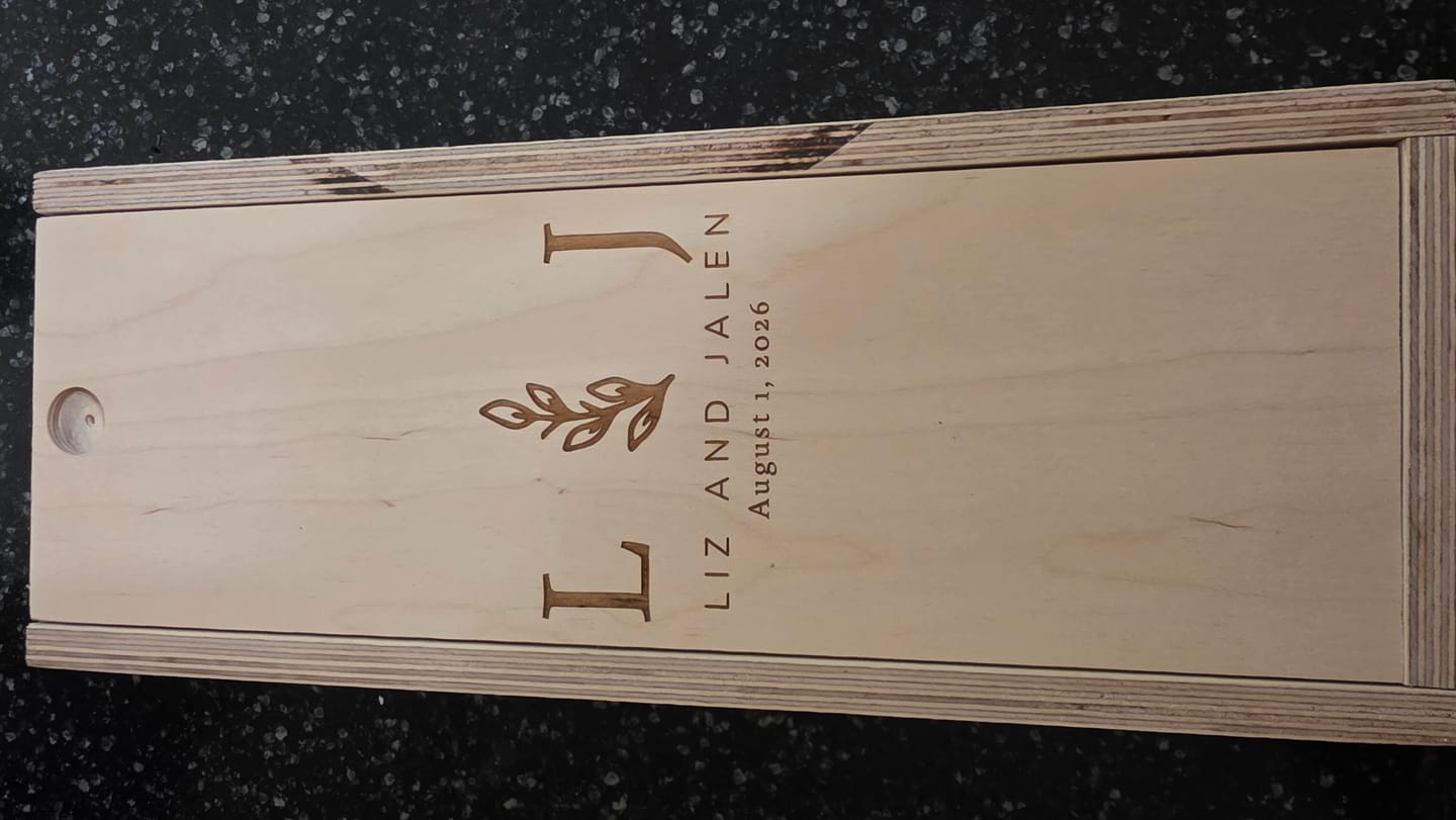 Customer photo review of Custom Engraved Wood Wine Box – Single Bottle