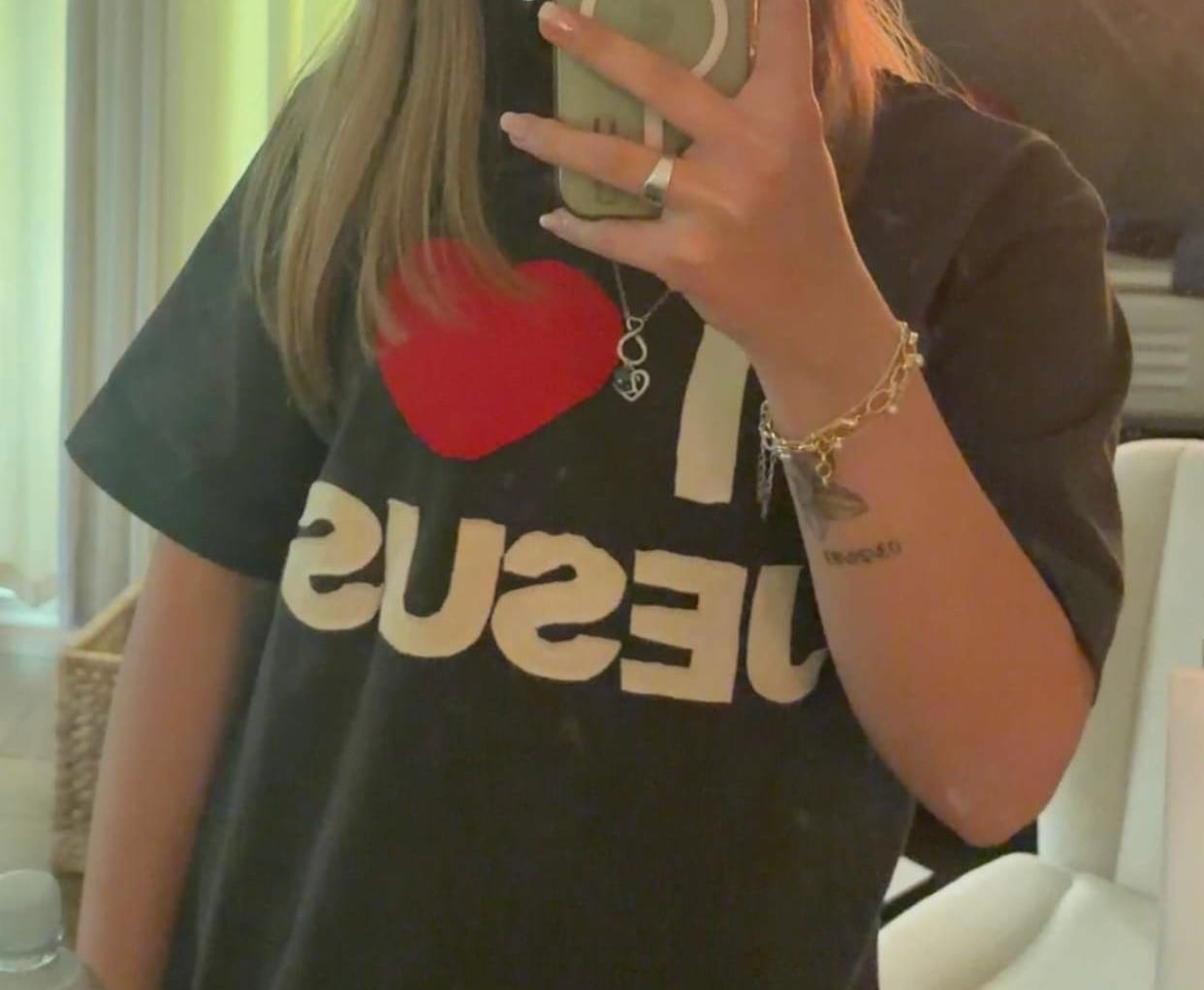 Customer photo review of I Love Jesus Stitched Premium Tee